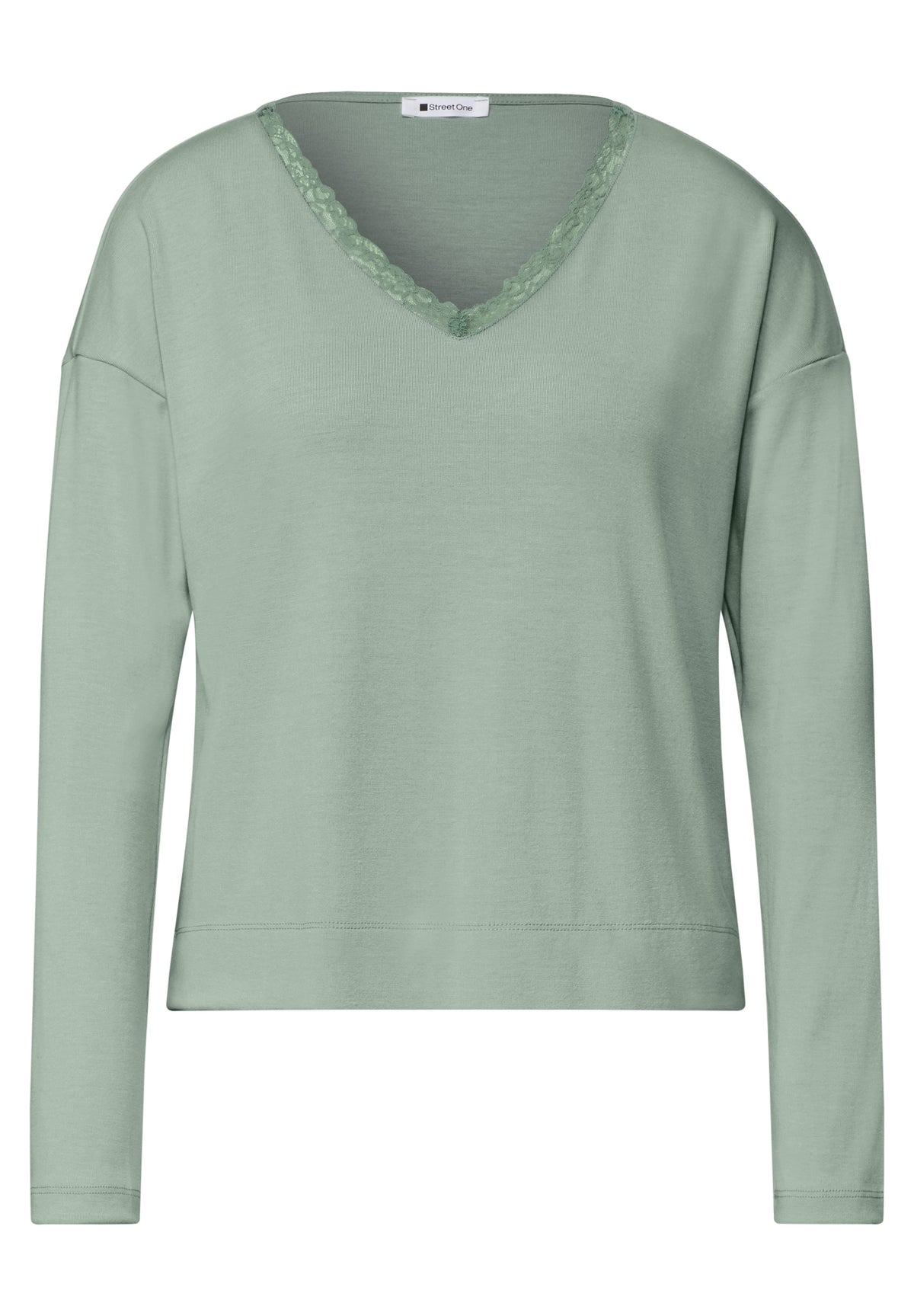 Street One Damen Langarmshirt mit V-Ausschnitt und Spitze - Eukalyptusgrün eucalyptus green