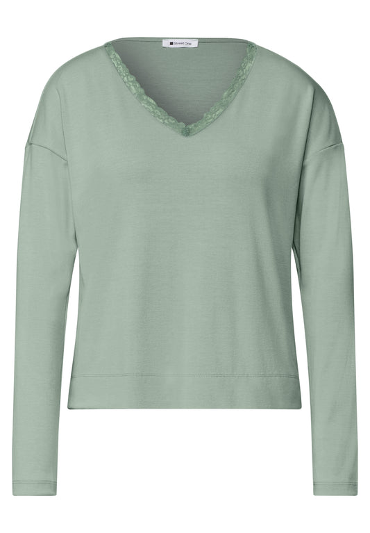 Street One Damen Langarmshirt mit V-Ausschnitt und Spitze - Eukalyptusgrün eucalyptus green