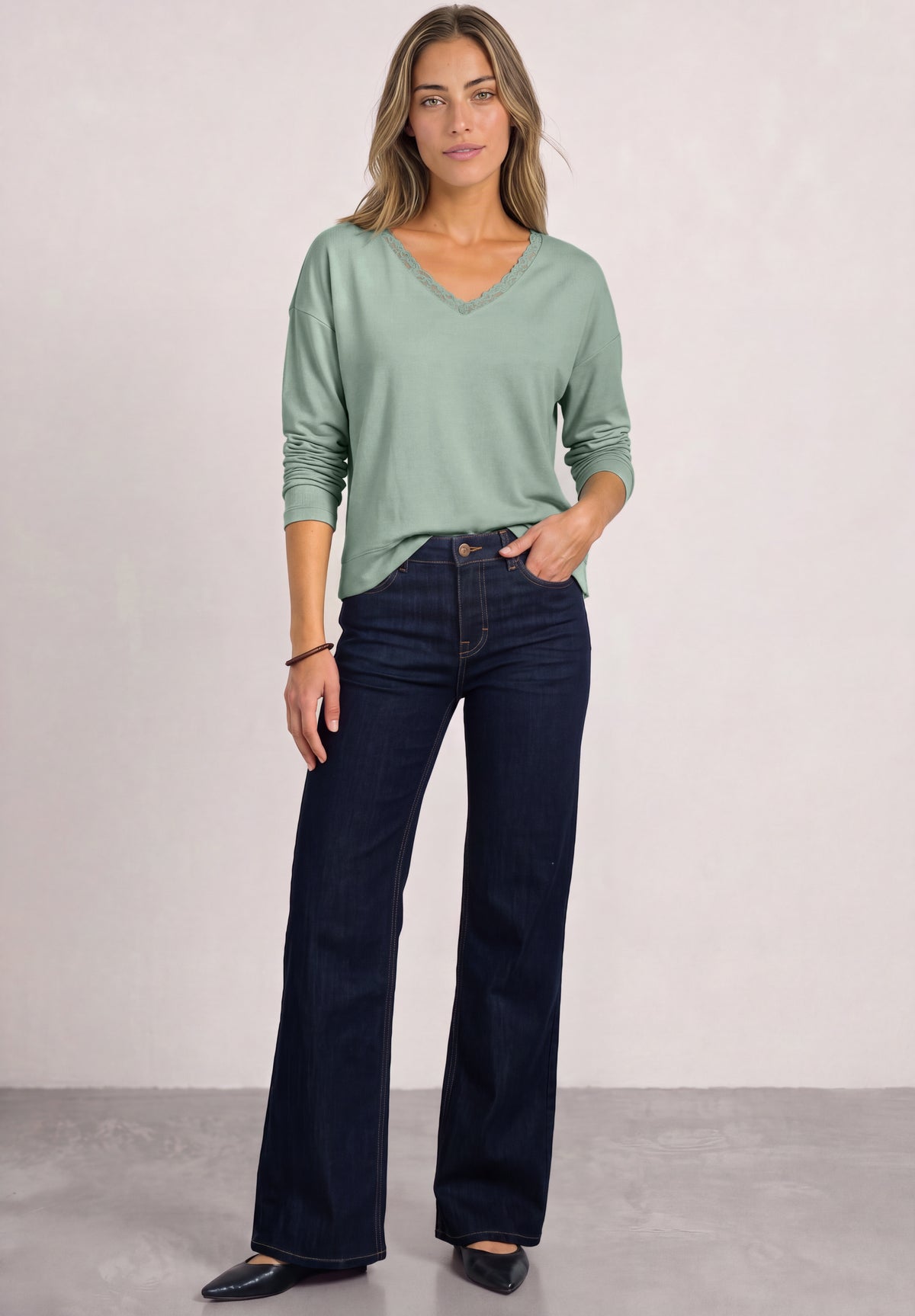 Street One Damen Langarmshirt mit V-Ausschnitt und Spitze - Eukalyptusgrün eucalyptus green