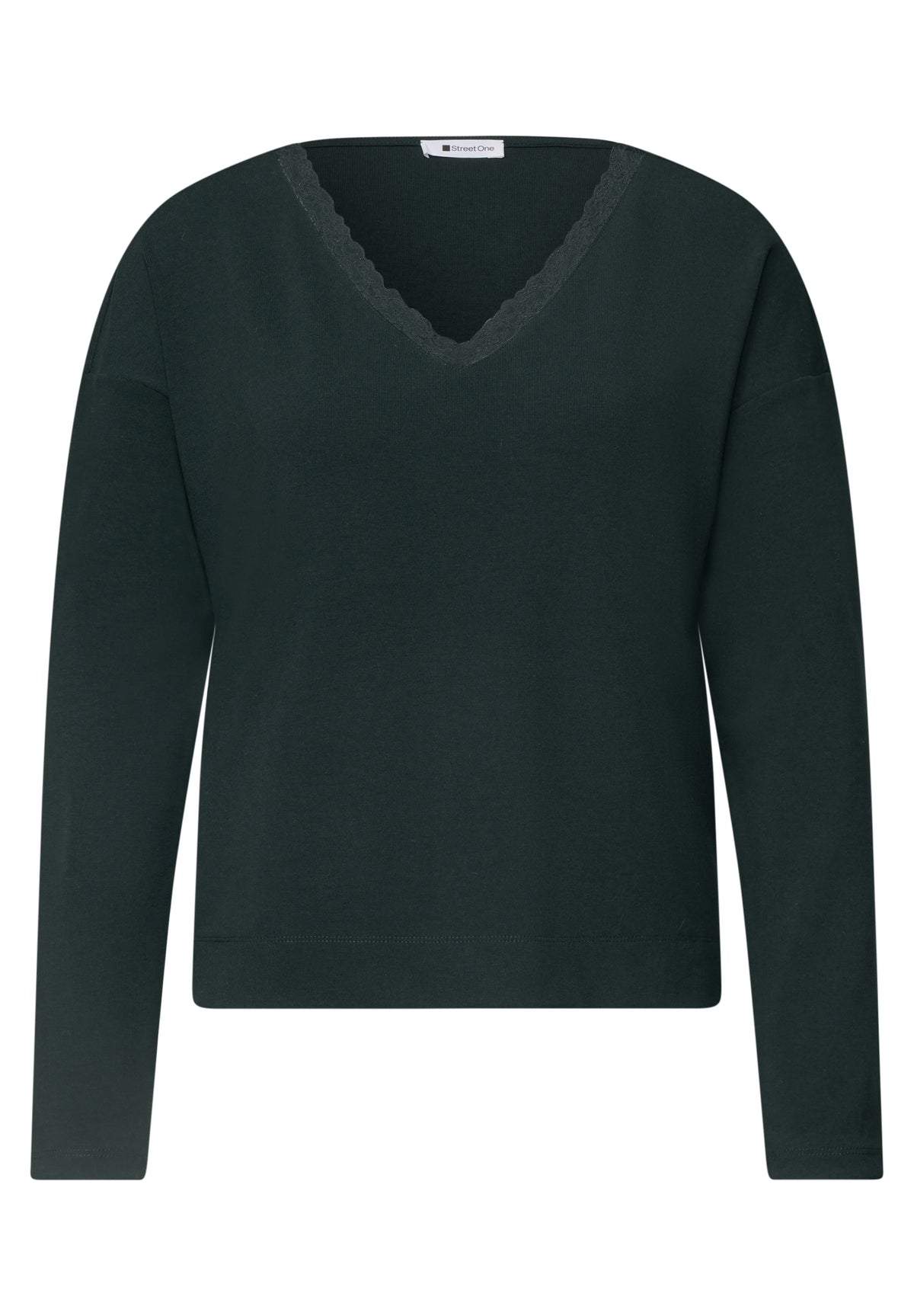 Street One Damen Langarmshirt mit V-Ausschnitt und Spitze - Grün stormy green