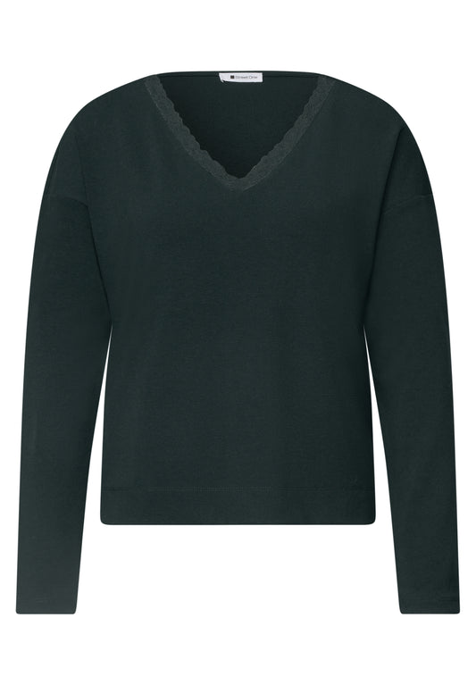 Street One Damen Langarmshirt mit V-Ausschnitt und Spitze - Grün stormy green