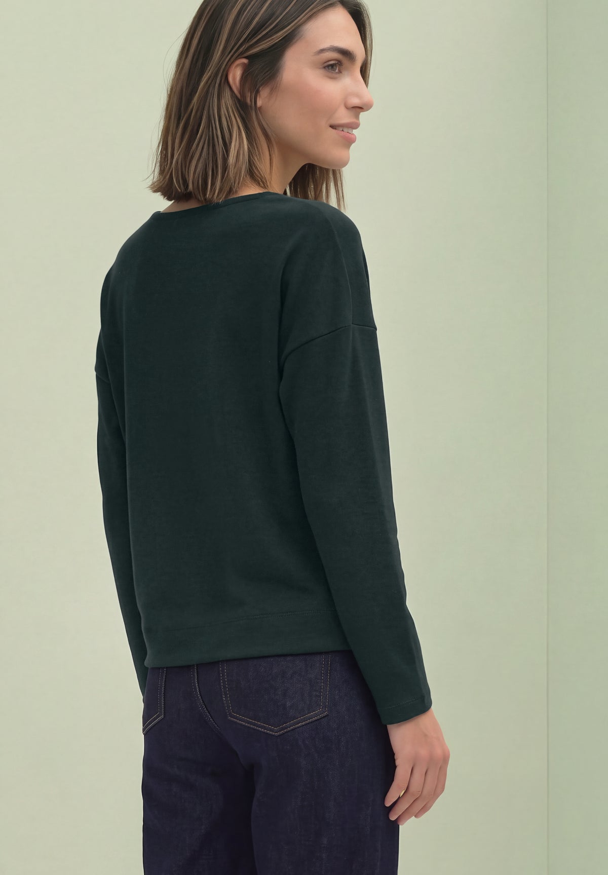 Street One Damen Langarmshirt mit V-Ausschnitt und Spitze - Grün stormy green