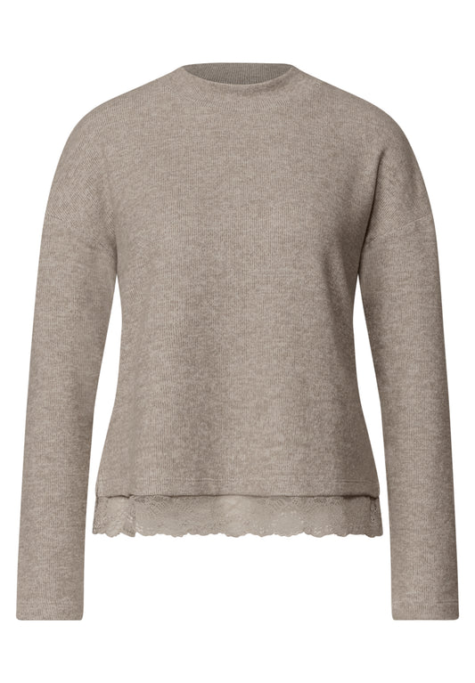 Street One Damen Langarmshirt mit Spitzenborte - Bernstein meliert sanded amber mel.