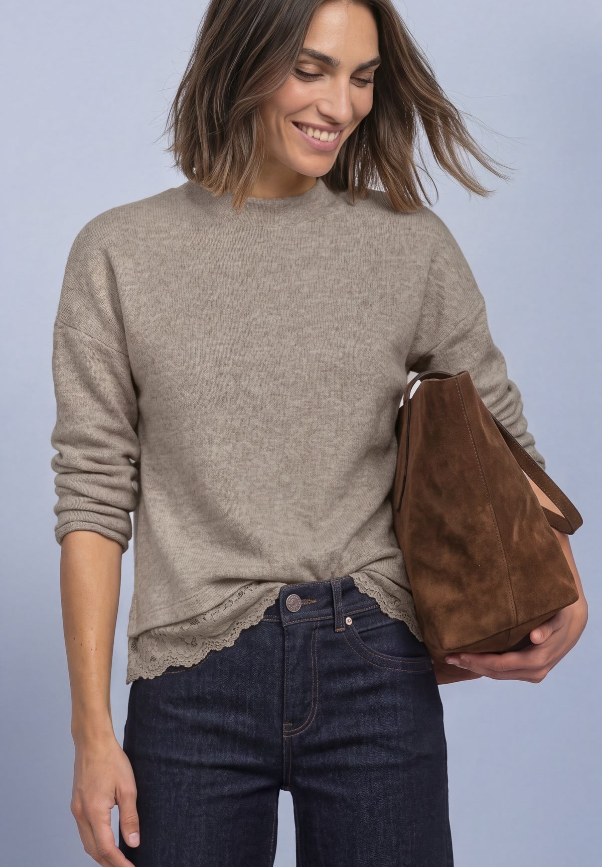 Street One Damen Langarmshirt mit Spitzenborte - Bernstein meliert sanded amber mel.