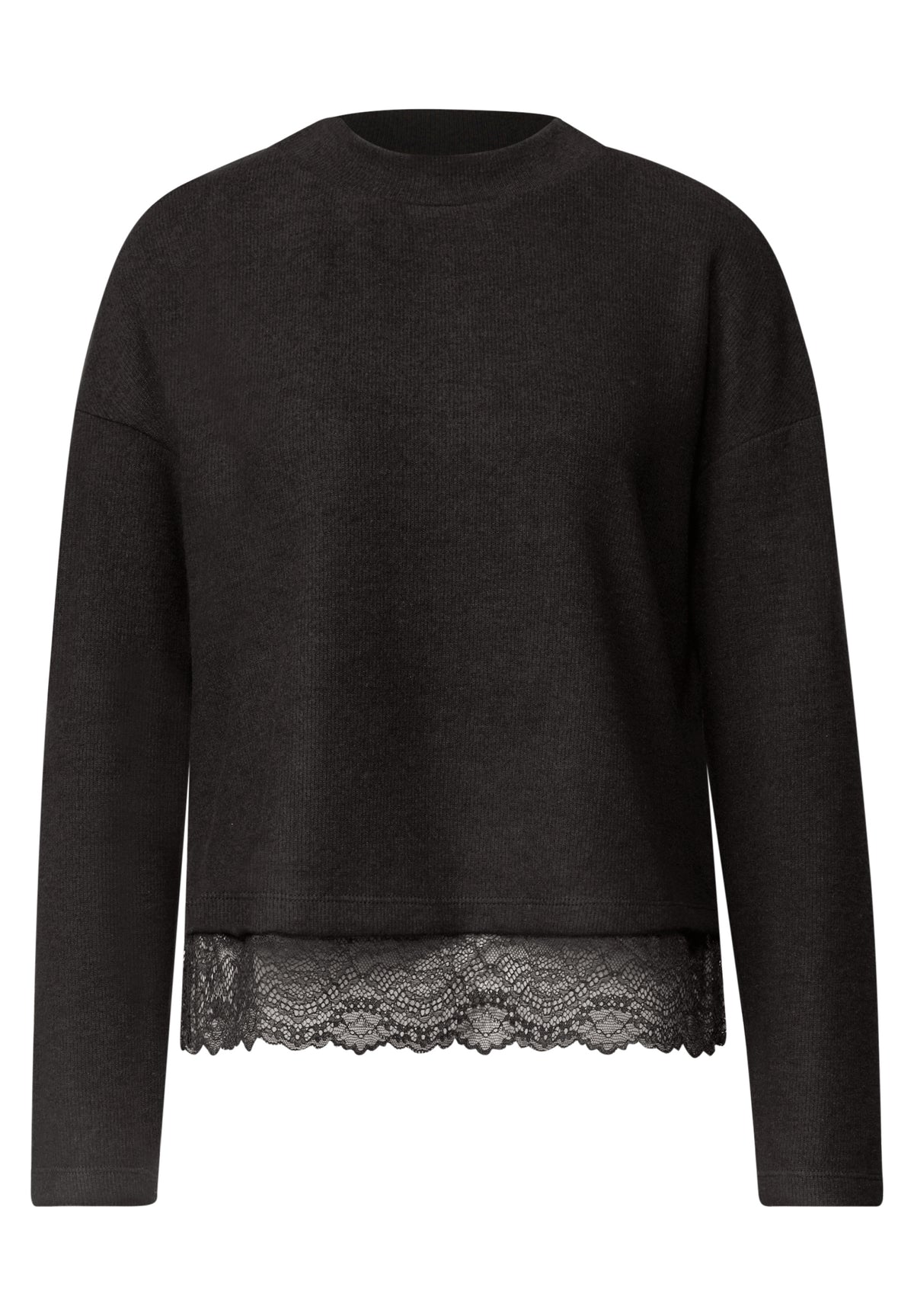 Street One Damen Langarmshirt mit Spitzenborte - Dunkelbraun meliert black coffee mel.