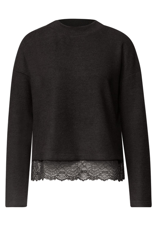 Street One Damen Langarmshirt mit Spitzenborte - Dunkelbraun meliert black coffee mel.