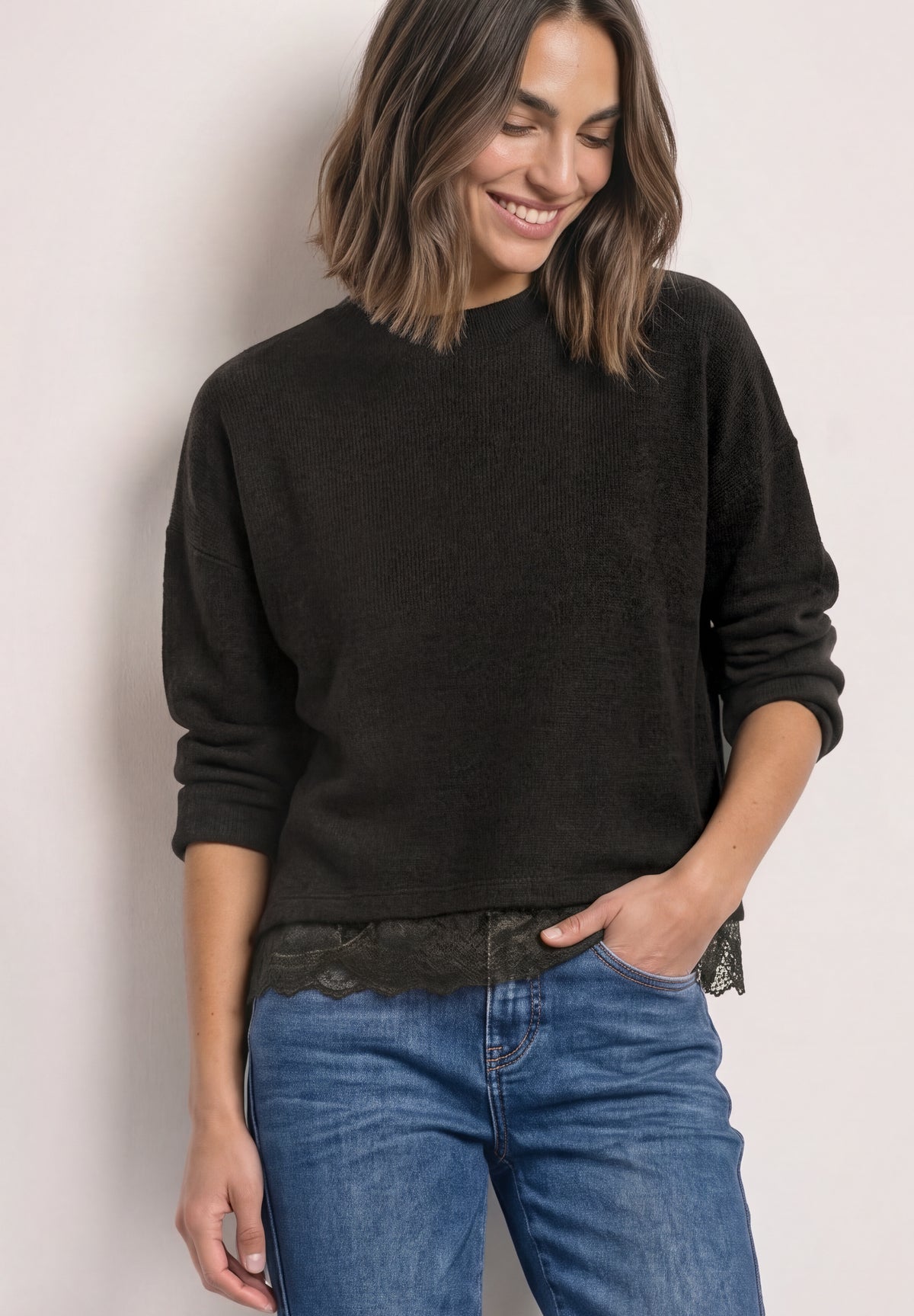 Street One Damen Langarmshirt mit Spitzenborte - Dunkelbraun meliert black coffee mel.