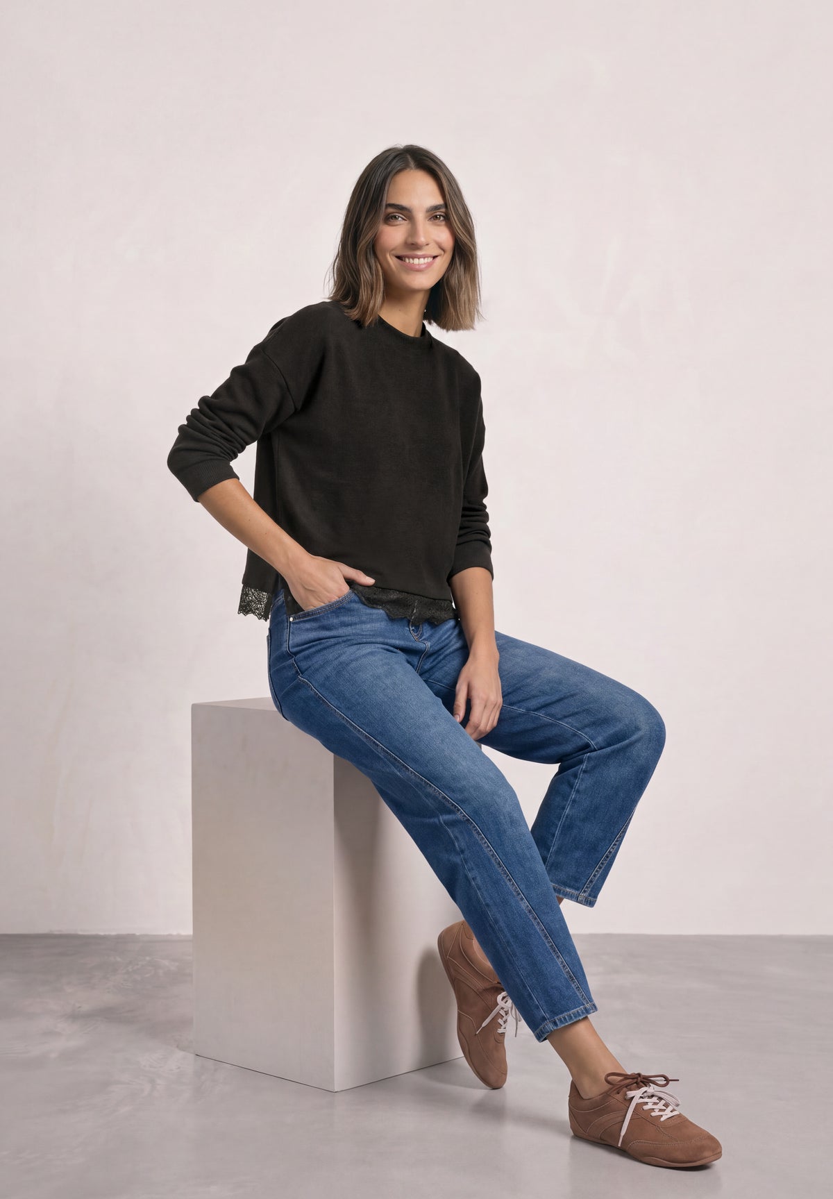 Street One Damen Langarmshirt mit Spitzenborte - Dunkelbraun meliert black coffee mel.
