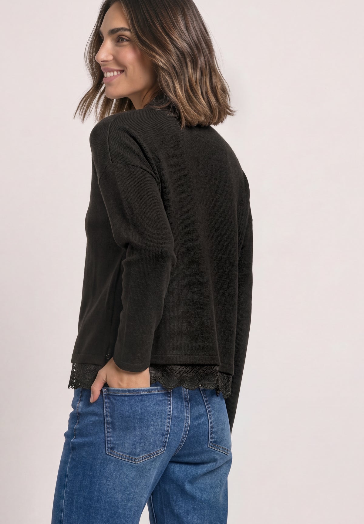 Street One Damen Langarmshirt mit Spitzenborte - Dunkelbraun meliert black coffee mel.