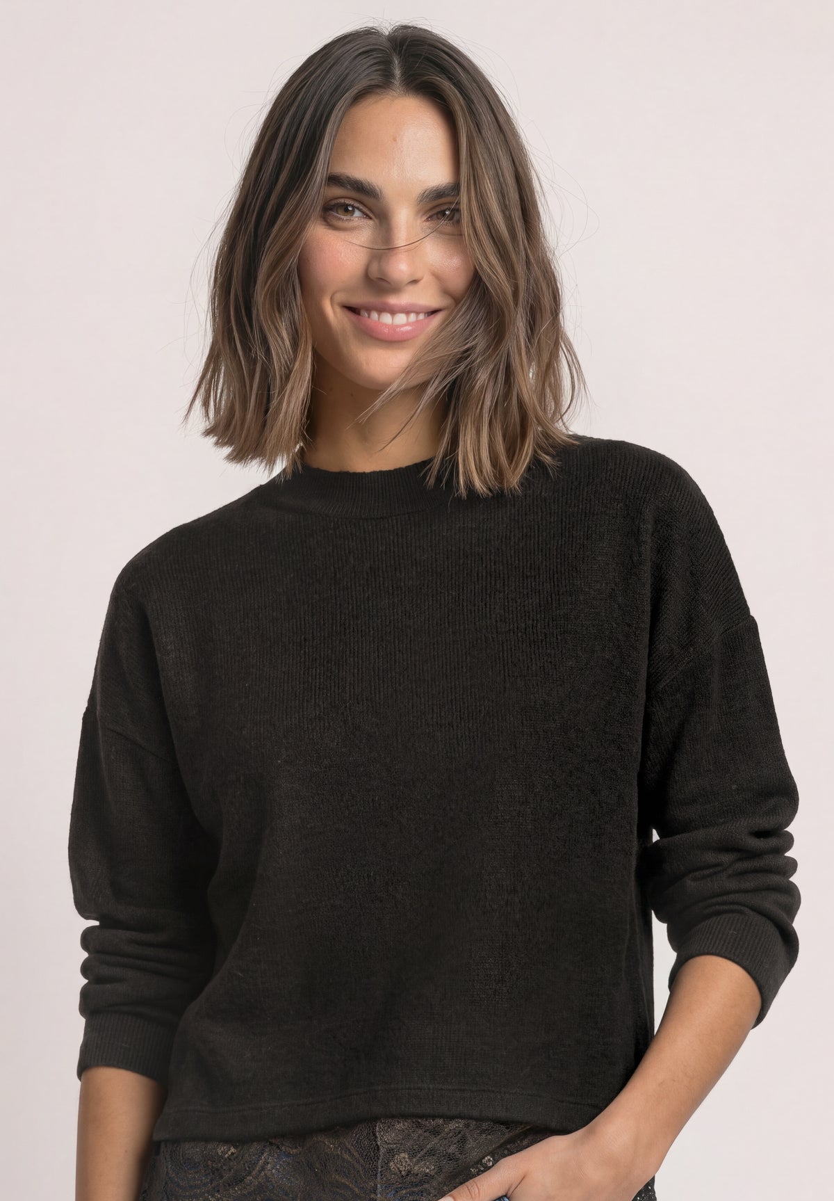 Street One Damen Langarmshirt mit Spitzenborte - Dunkelbraun meliert black coffee mel.