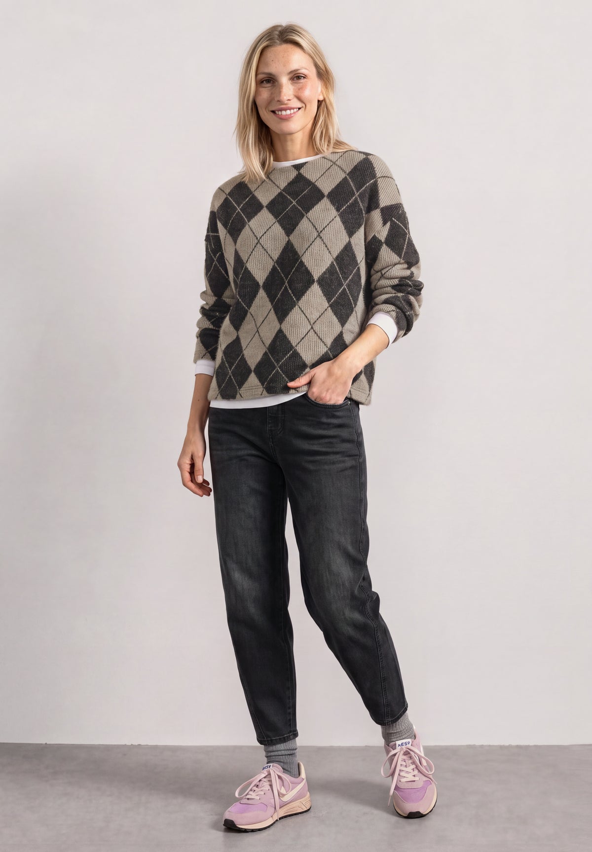 Street One Damen Langarmshirt mit Turtle Neck und Muster - Sand clay sand