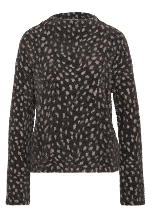 Street One Damen Langarmshirt mit Turtle Neck und Muster - Dunkelbraun black coffee