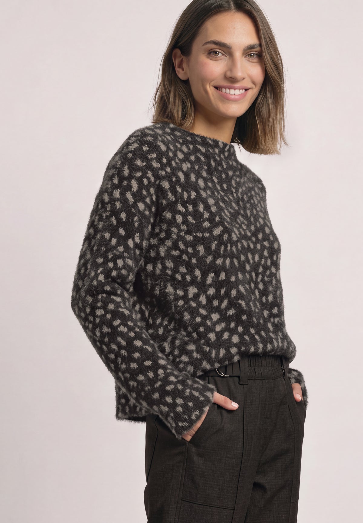 Street One Damen Langarmshirt mit Turtle Neck und Muster - Dunkelbraun black coffee