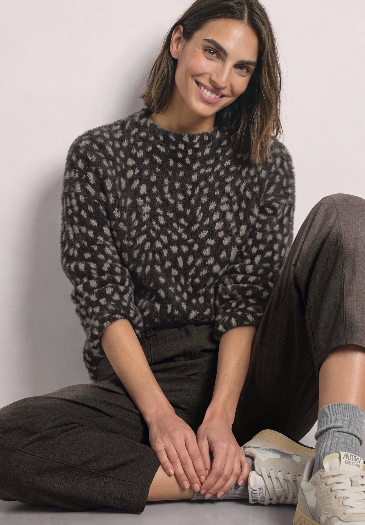 Street One Damen Langarmshirt mit Turtle Neck und Muster - Dunkelbraun black coffee