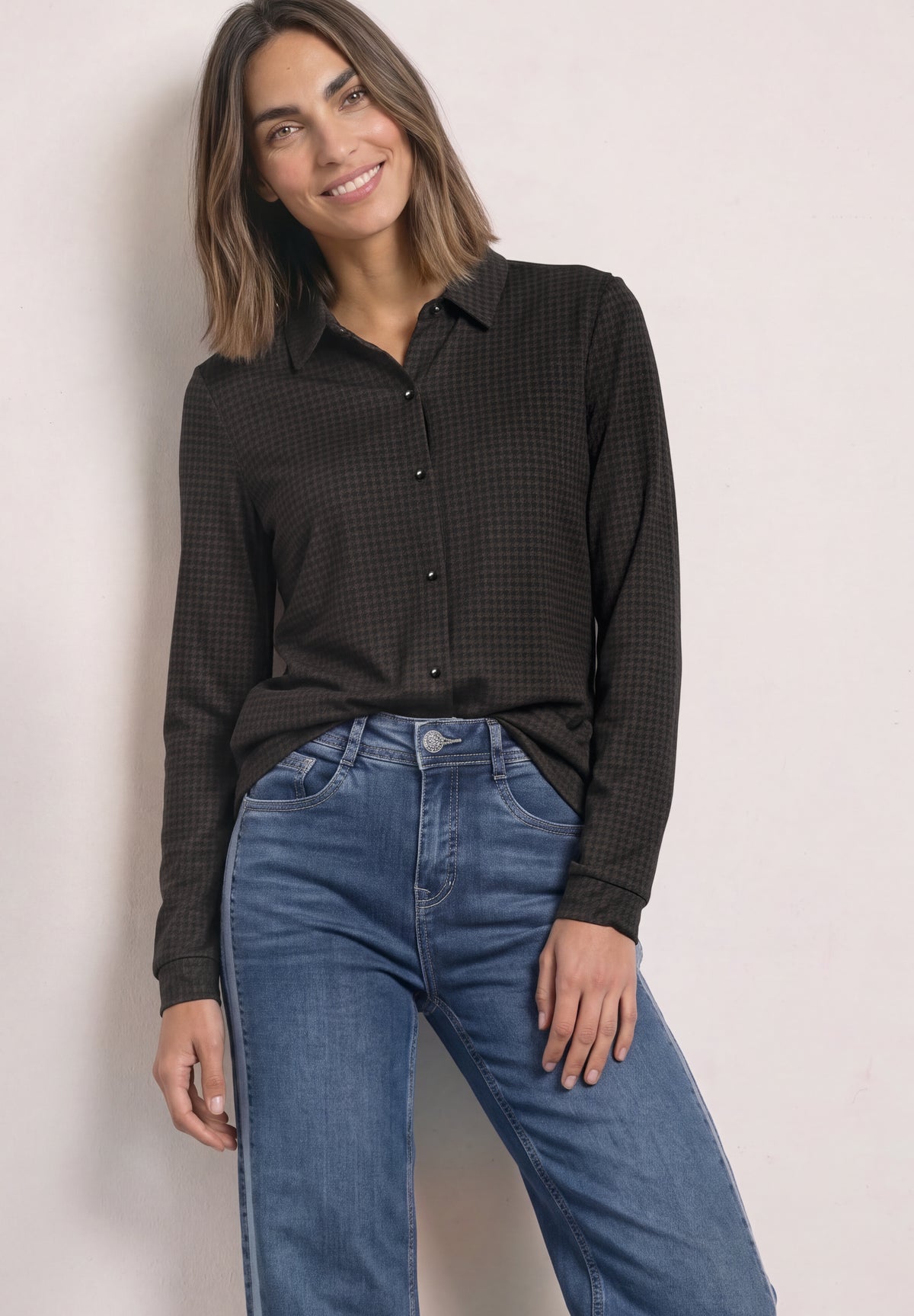 Street One Damen Langarm-Jerseyshirt im Blusen-Look - Dunkelbraun black coffee