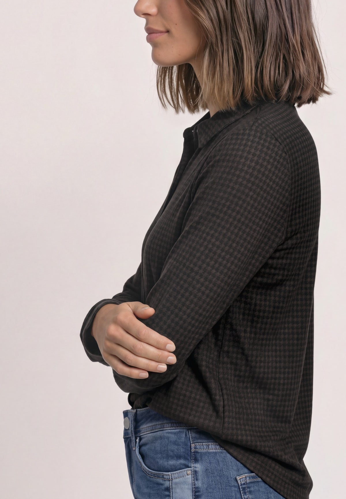 Street One Damen Langarm-Jerseyshirt im Blusen-Look - Dunkelbraun black coffee