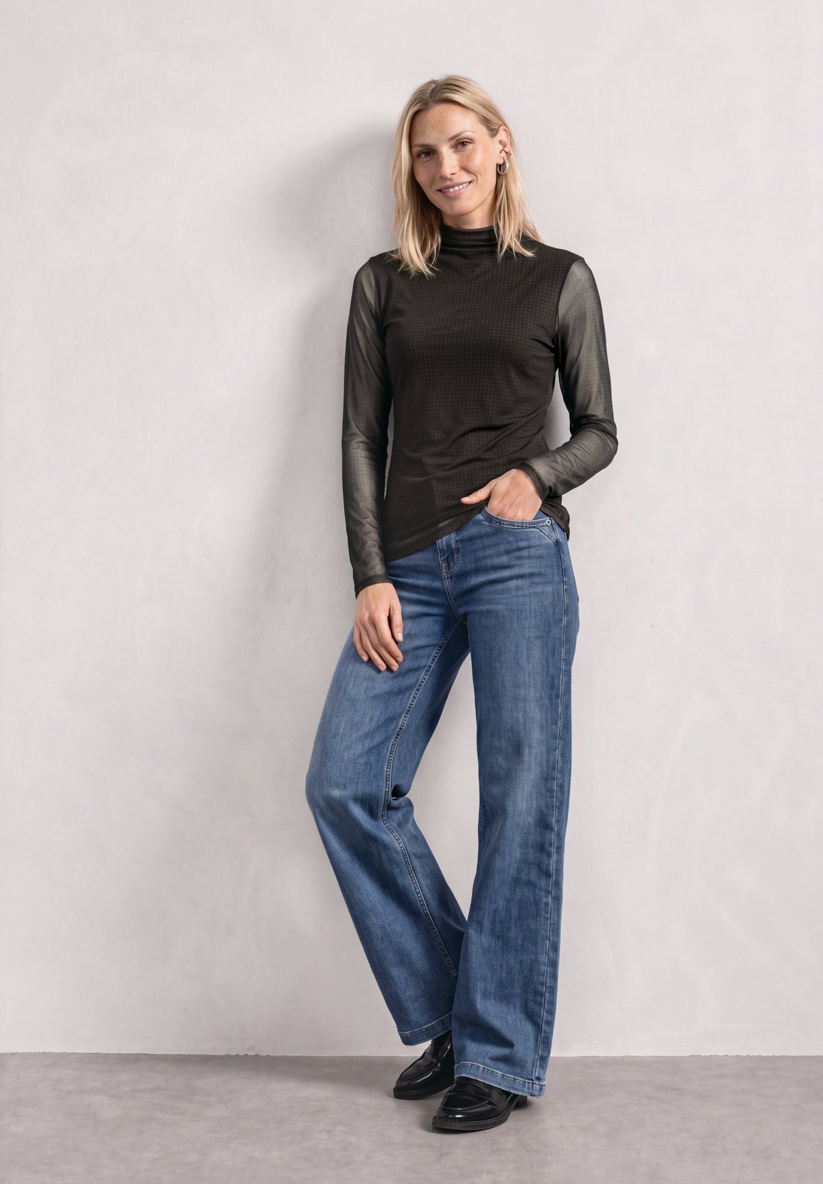 Street One Damen Meshshirt mit gerafftem Turtle Neck - Dunkelbraun black coffee