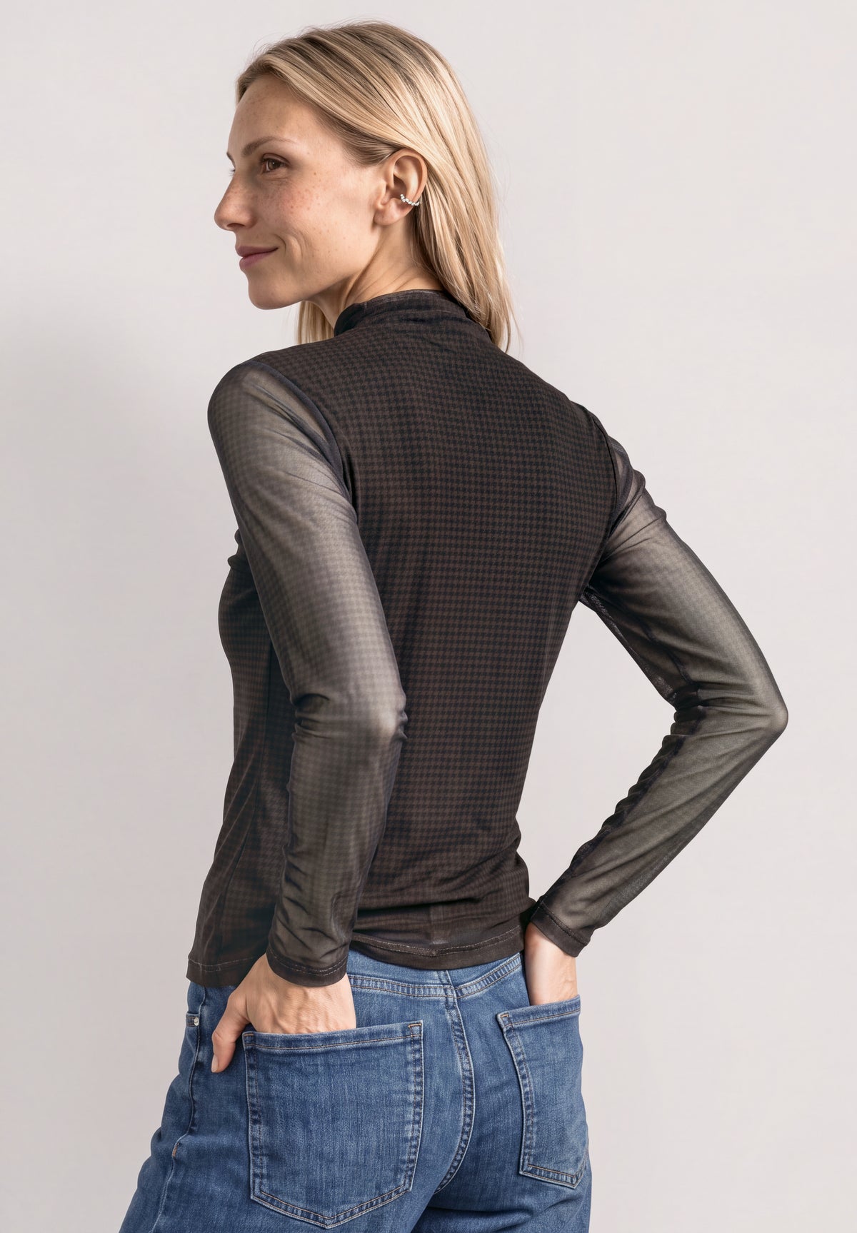 Street One Damen Meshshirt mit gerafftem Turtle Neck - Dunkelbraun black coffee