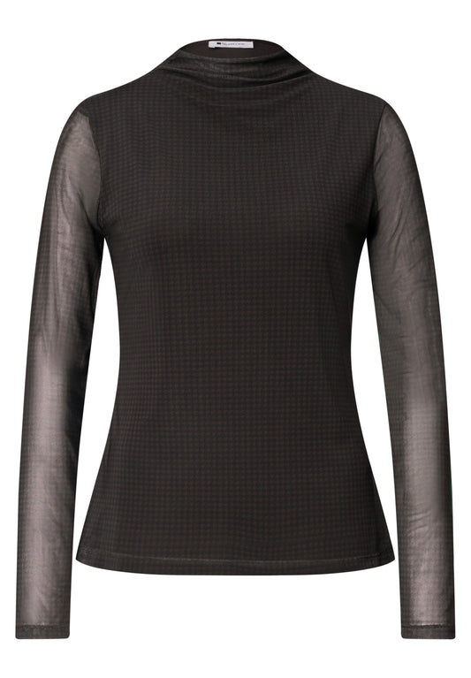 Street One Damen Meshshirt mit gerafftem Turtle Neck - Dunkelbraun black coffee
