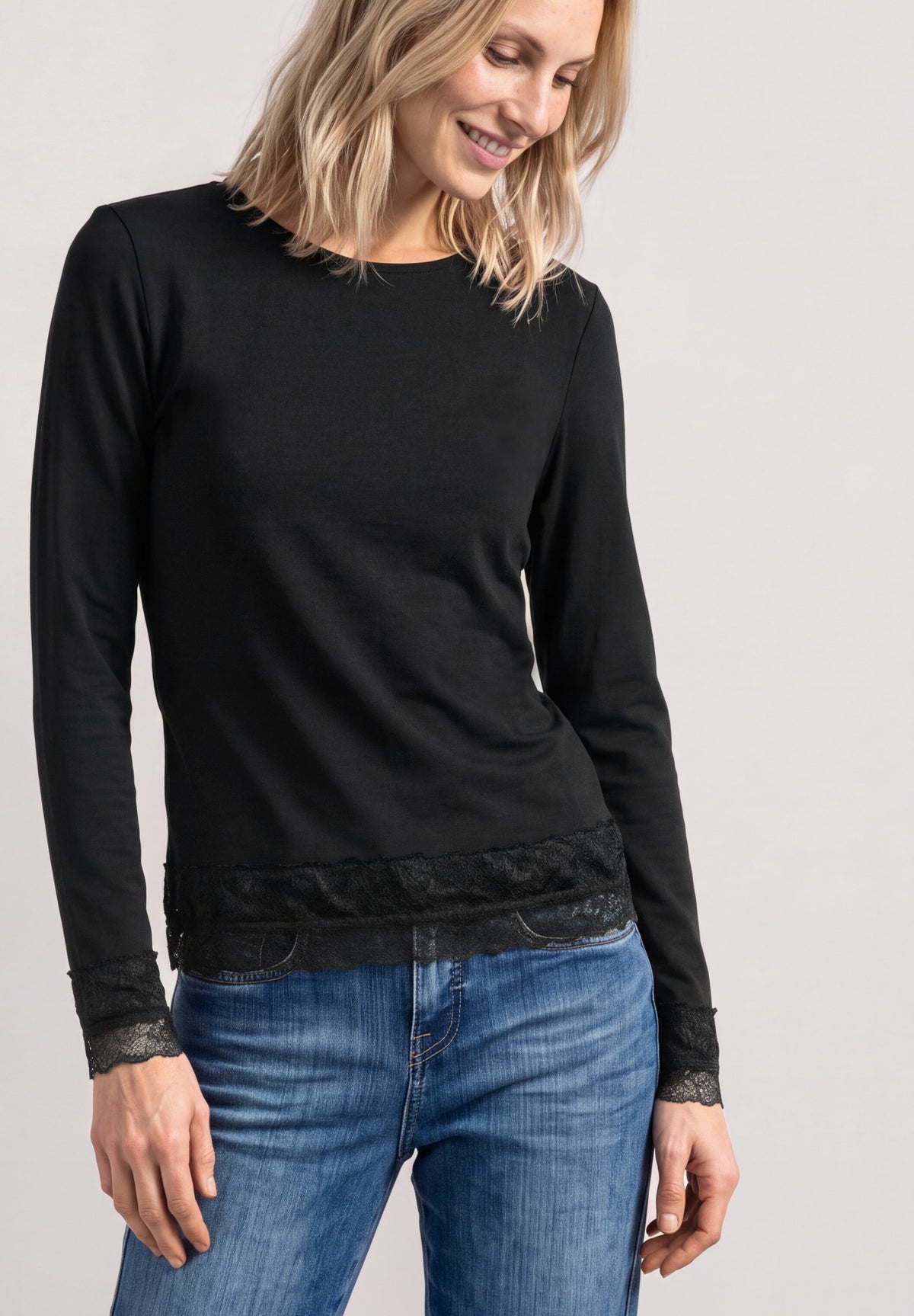 Street One Damen Langarmshirt mit Spitze - Schwarz Black