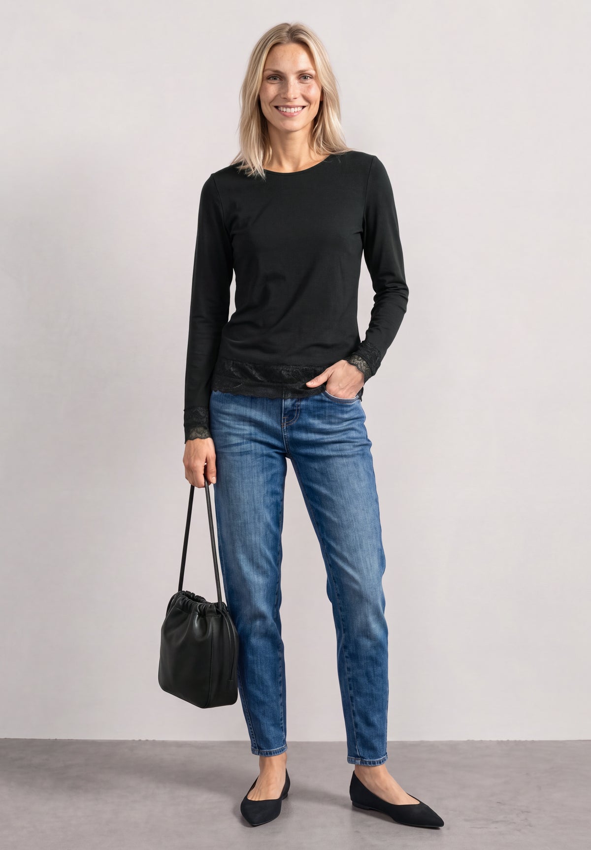 Street One Damen Langarmshirt mit Spitze - Schwarz Black