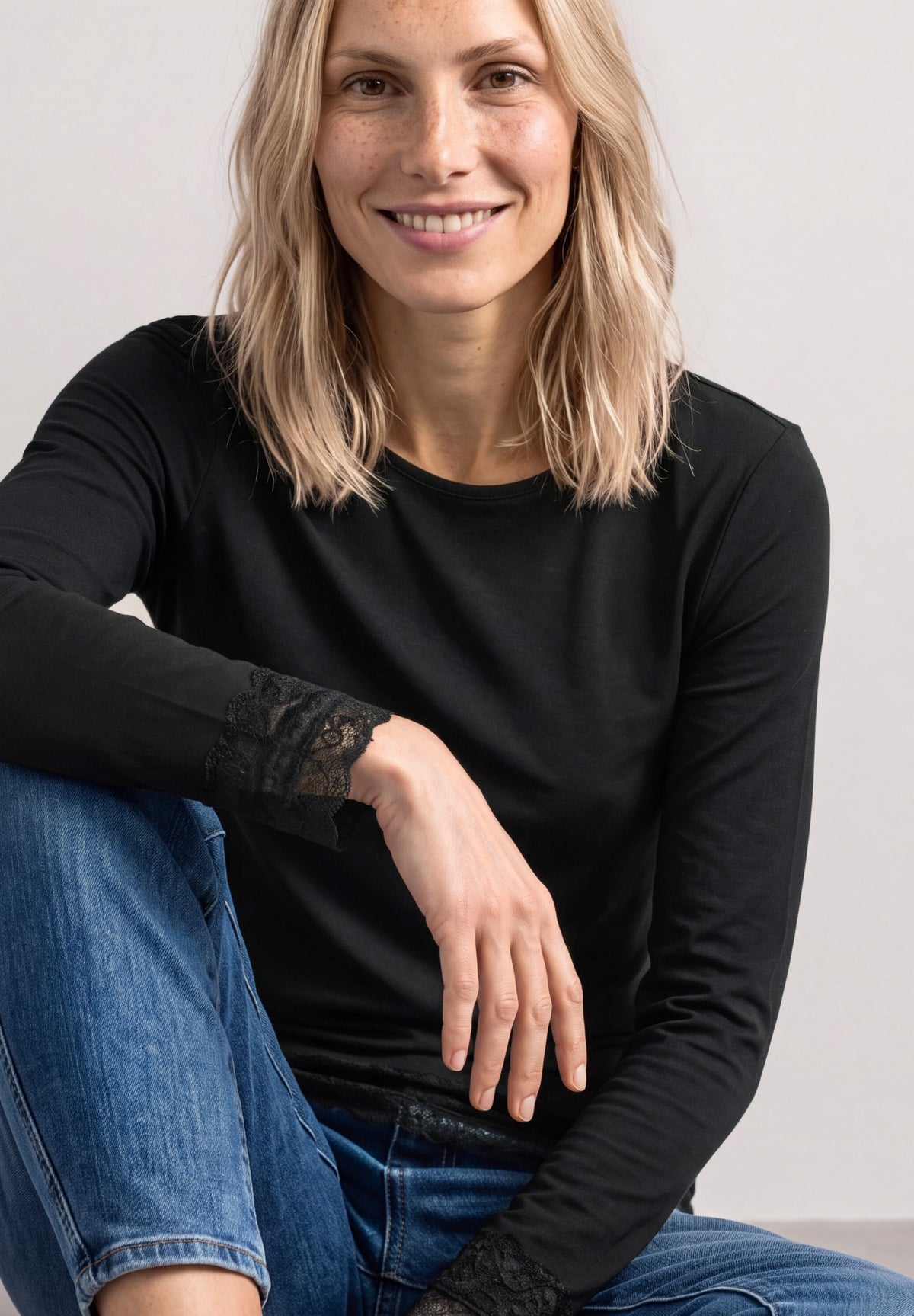 Street One Damen Langarmshirt mit Spitze - Schwarz Black