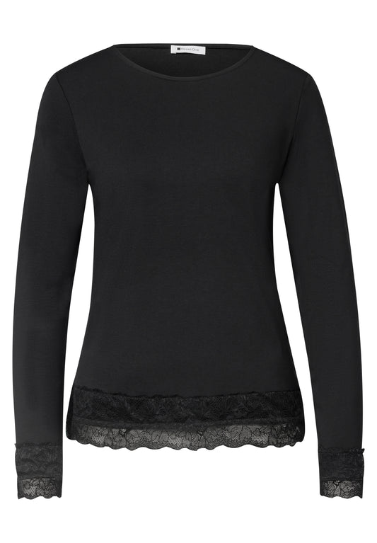 Street One Damen Langarmshirt mit Spitze - Schwarz Black