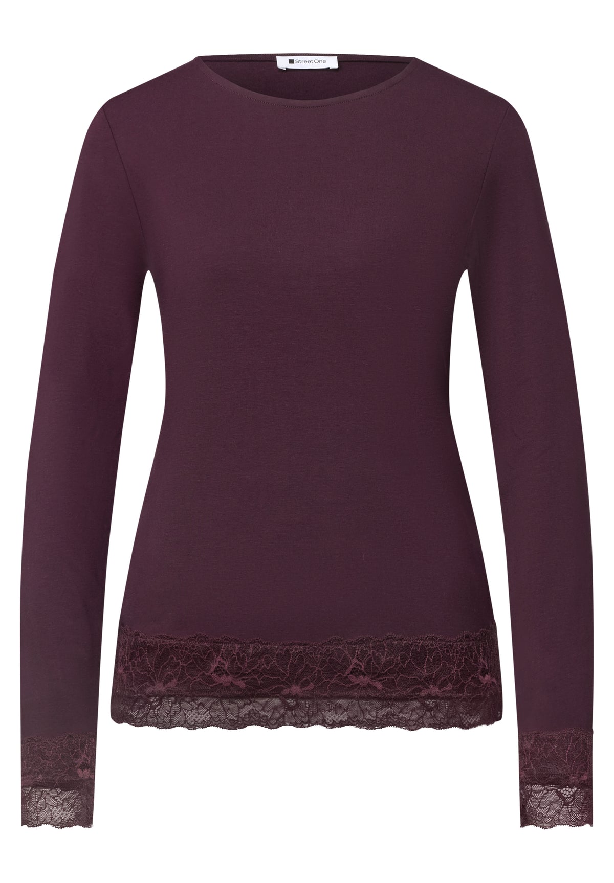 Street One Damen Langarmshirt mit U-Boot-Ausschnitt und Spitze - Pflaume berry plum