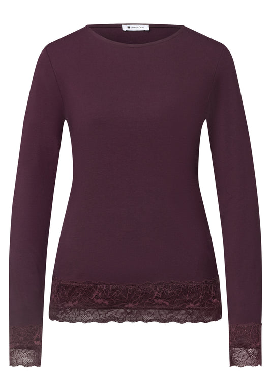 Street One Damen Langarmshirt mit U-Boot-Ausschnitt und Spitze - Pflaume berry plum