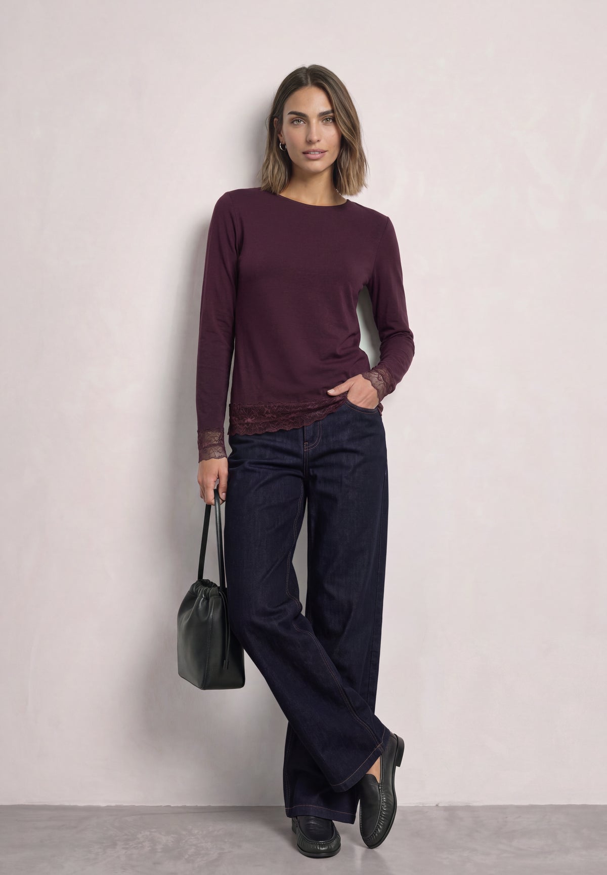 Street One Damen Langarmshirt mit U-Boot-Ausschnitt und Spitze - Pflaume berry plum