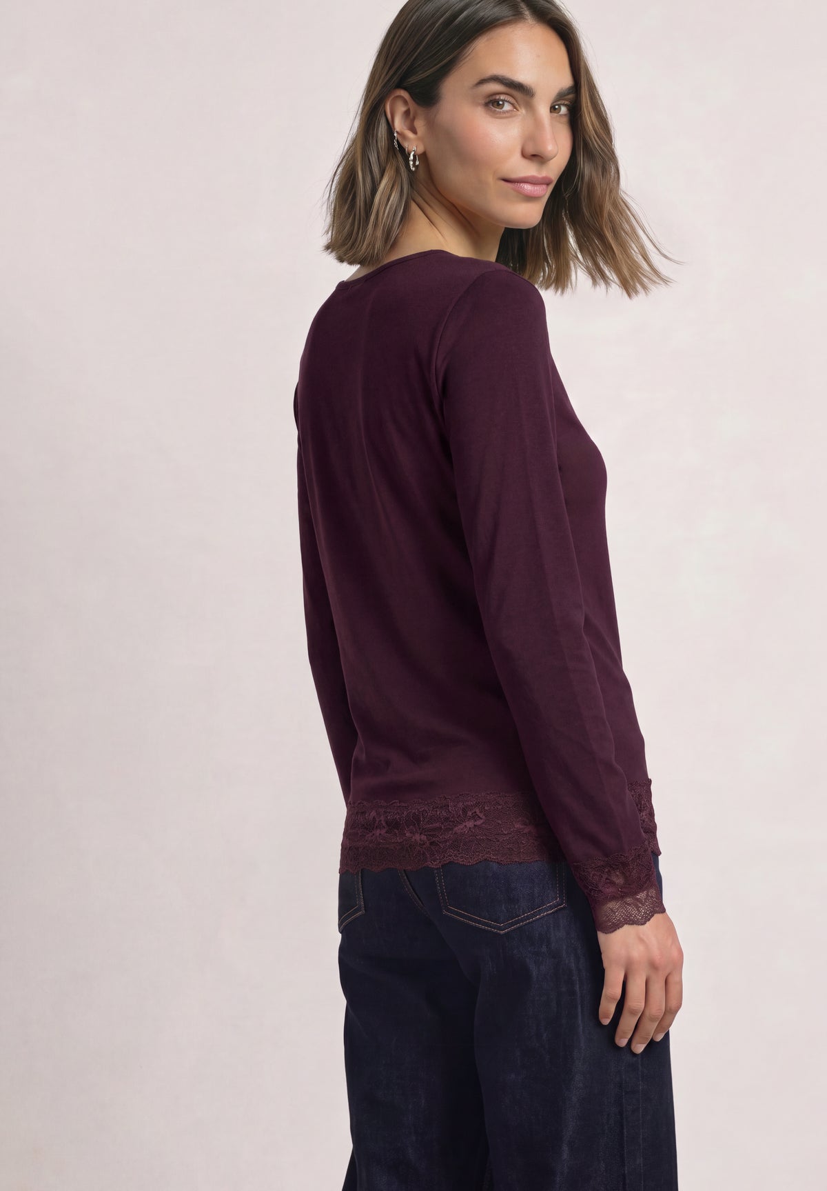 Street One Damen Langarmshirt mit U-Boot-Ausschnitt und Spitze - Pflaume berry plum