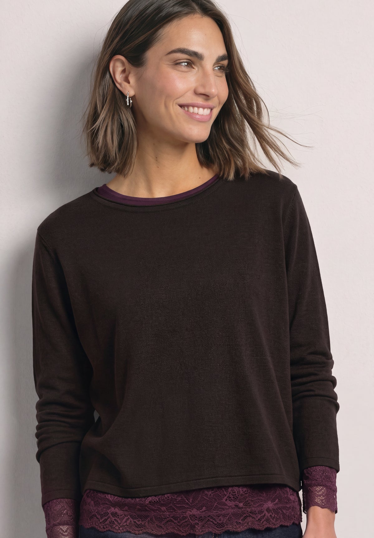 Street One Damen Langarmshirt mit U-Boot-Ausschnitt und Spitze - Pflaume berry plum