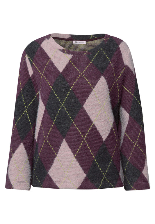 Street One Damen 3/4-Arm-Shirt mit Argylemuster - Pflaumenlila berry plum