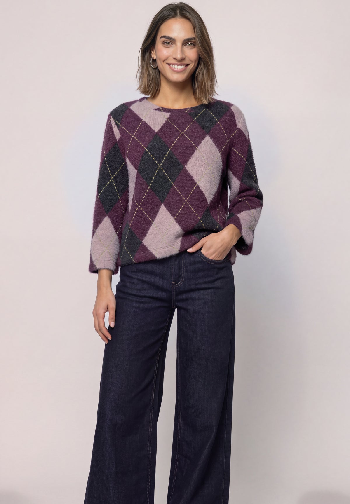 Street One Damen 3/4-Arm-Shirt mit Argylemuster - Pflaumenlila berry plum