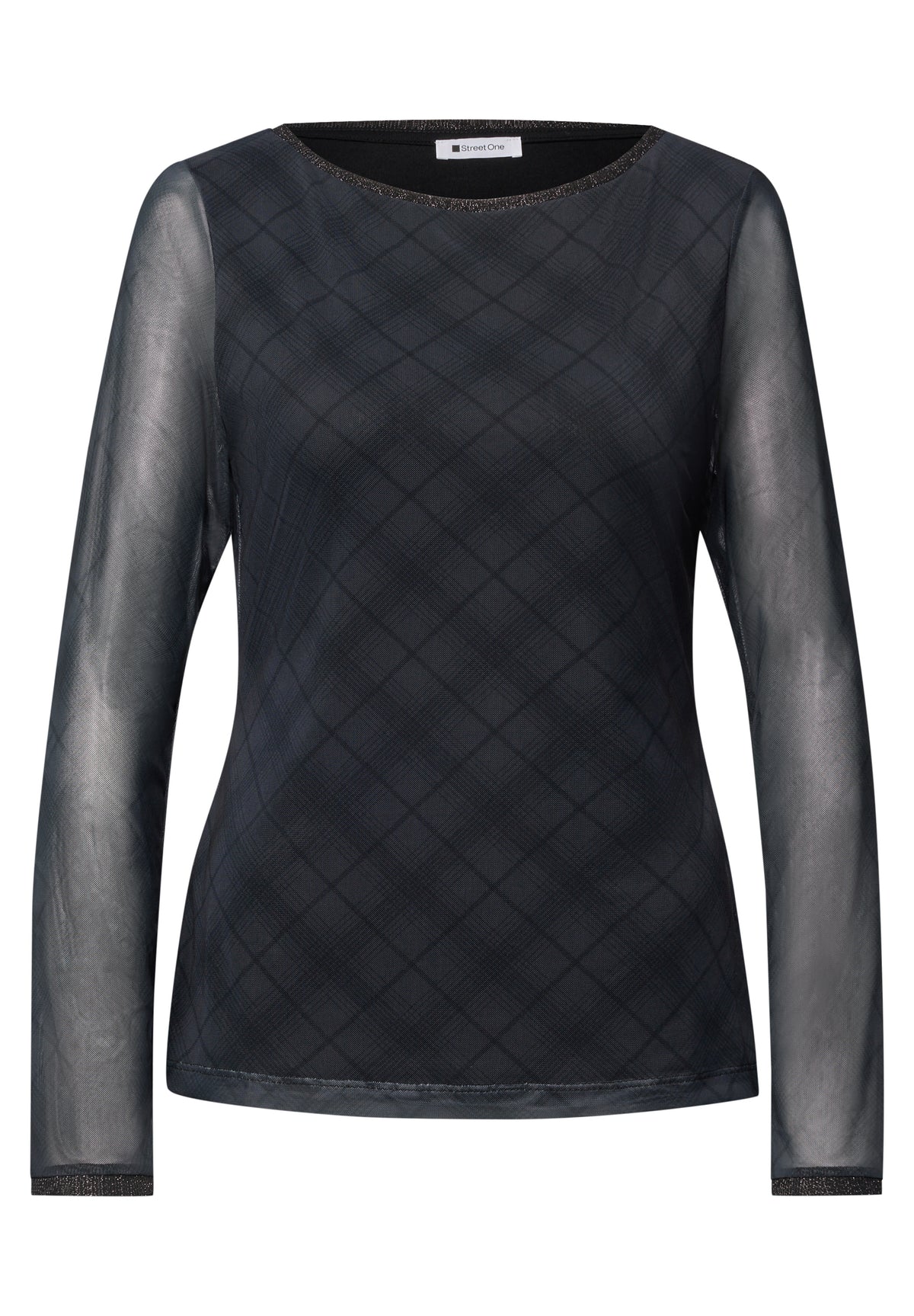Street One Damen Mesh-Langarmshirt mit Karomuster - Grau armor grey