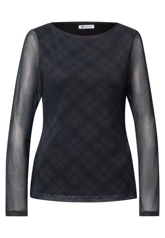 Street One Damen Mesh-Langarmshirt mit Karomuster - Grau armor grey
