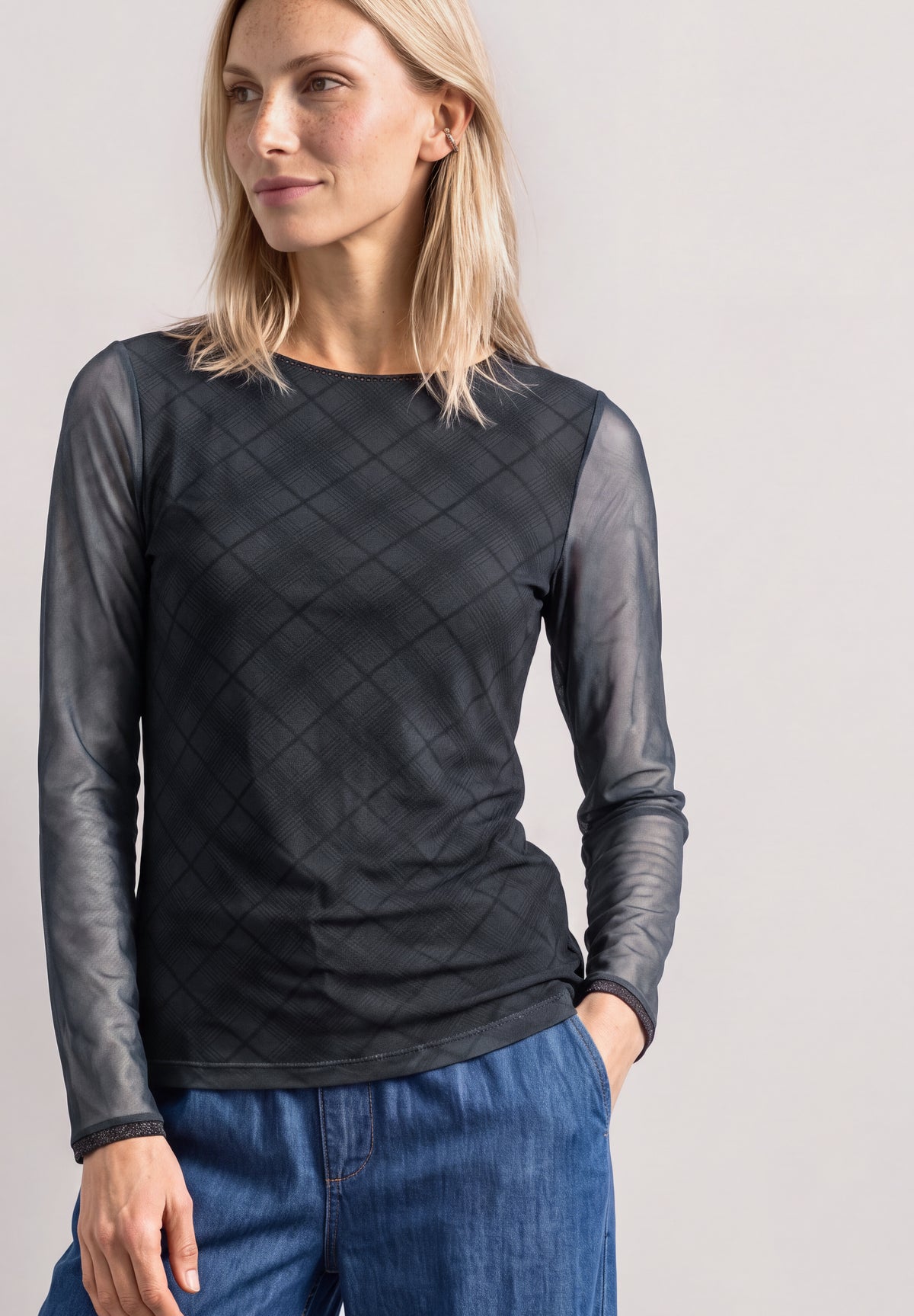 Street One Damen Mesh-Langarmshirt mit Karomuster - Grau armor grey