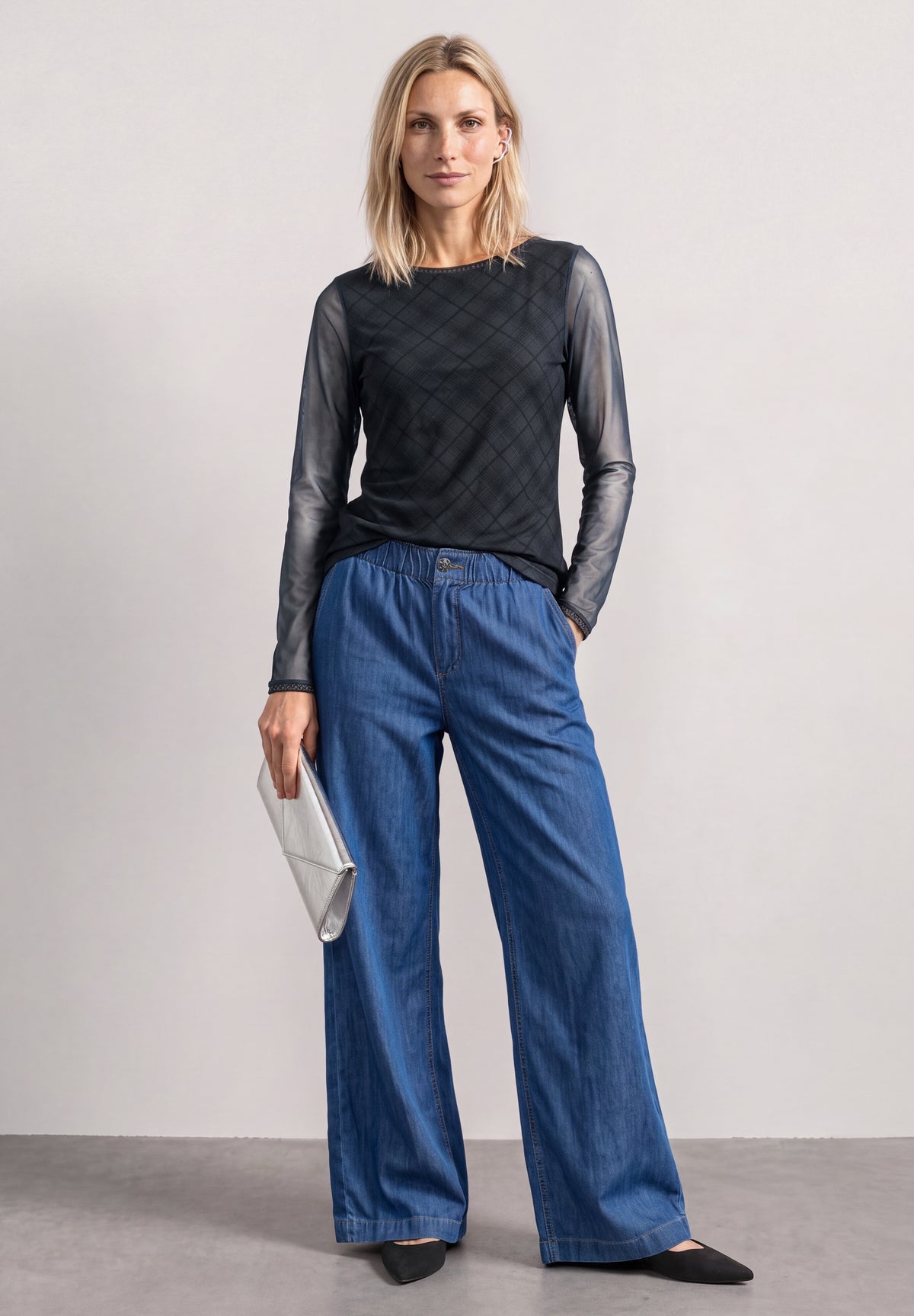 Street One Damen Mesh-Langarmshirt mit Karomuster - Grau armor grey