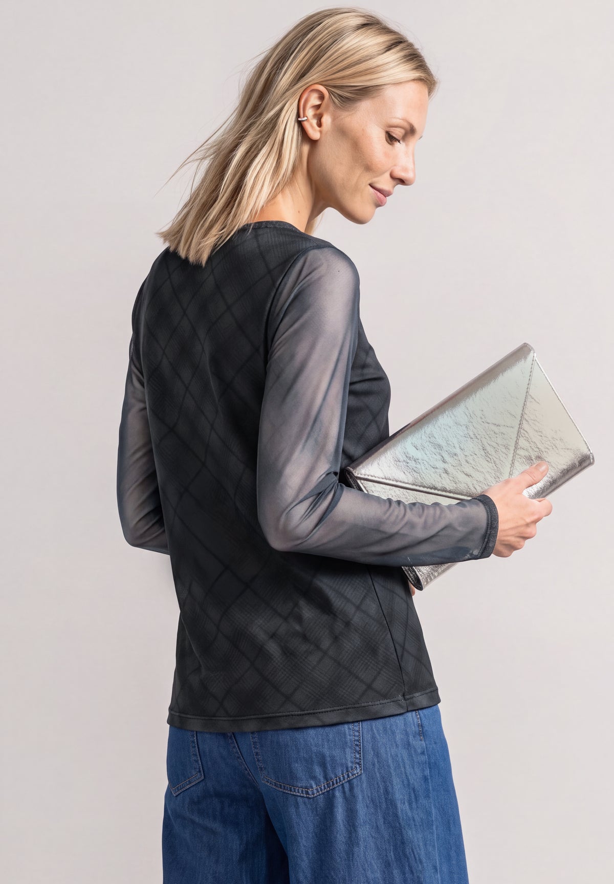 Street One Damen Mesh-Langarmshirt mit Karomuster - Grau armor grey