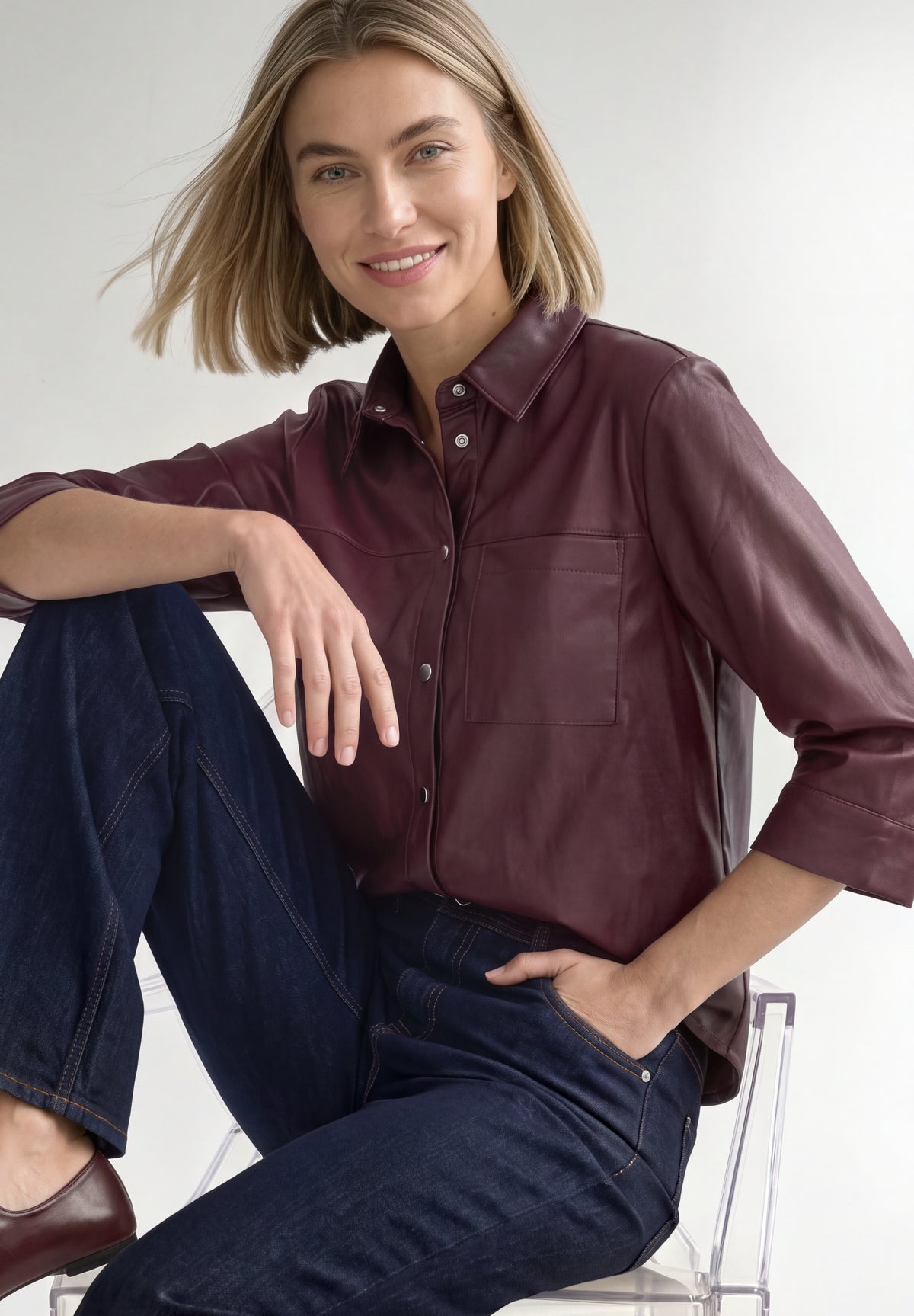 Street One Damen 3/4-Arm Hemdbluse im Leder-Look - Rot rustic rouge