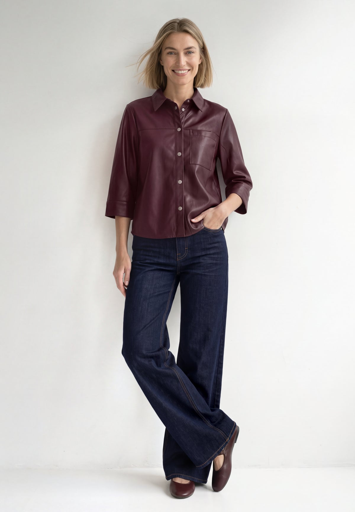 Street One Damen 3/4-Arm Hemdbluse im Leder-Look - Rot rustic rouge