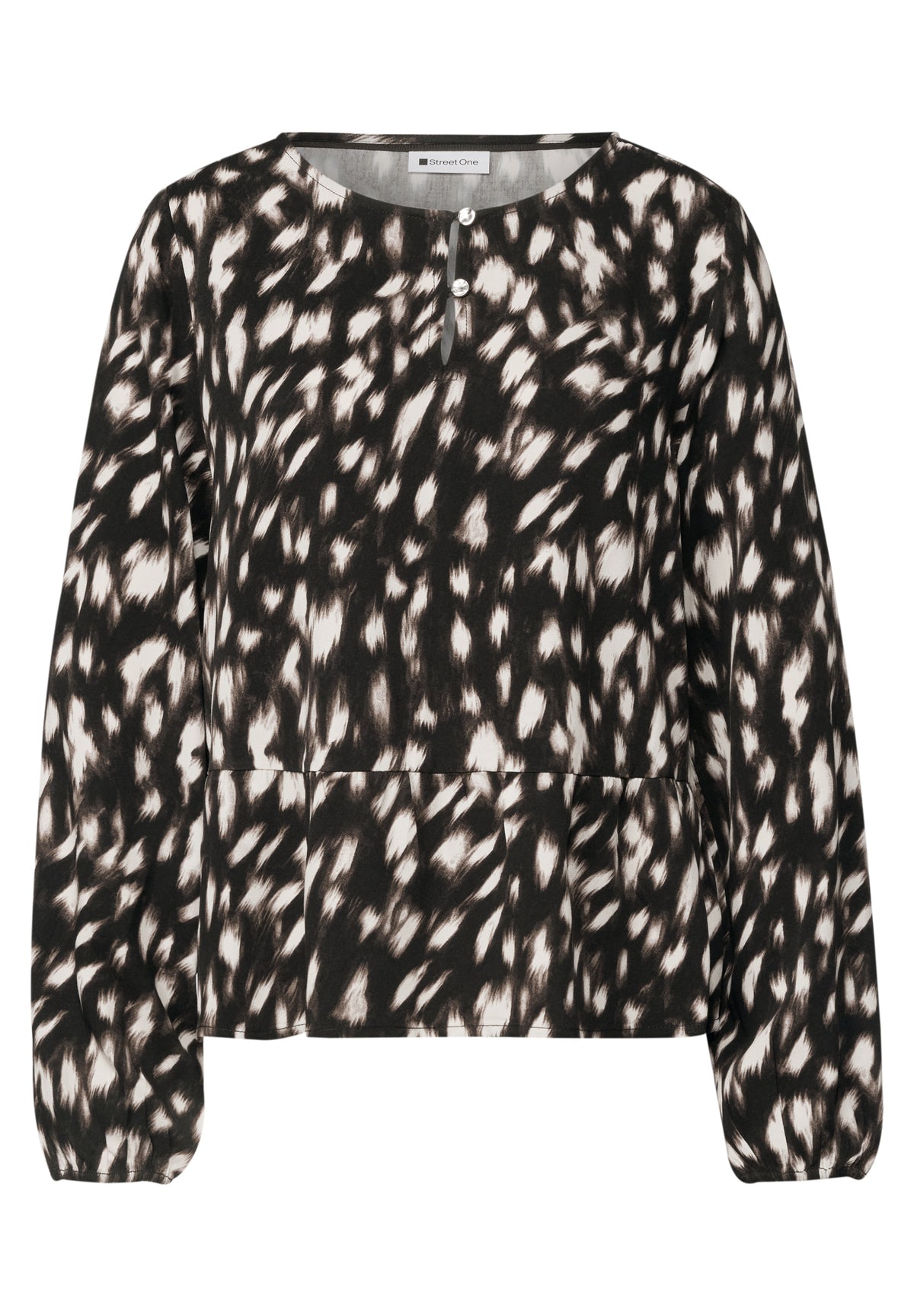 Street One Damen Langarmbluse mit Schößchen und Rehprint - Schwarz Black