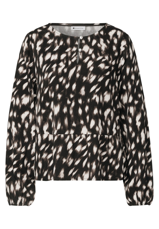 Street One Damen Langarmbluse mit Schößchen und Rehprint - Schwarz Black