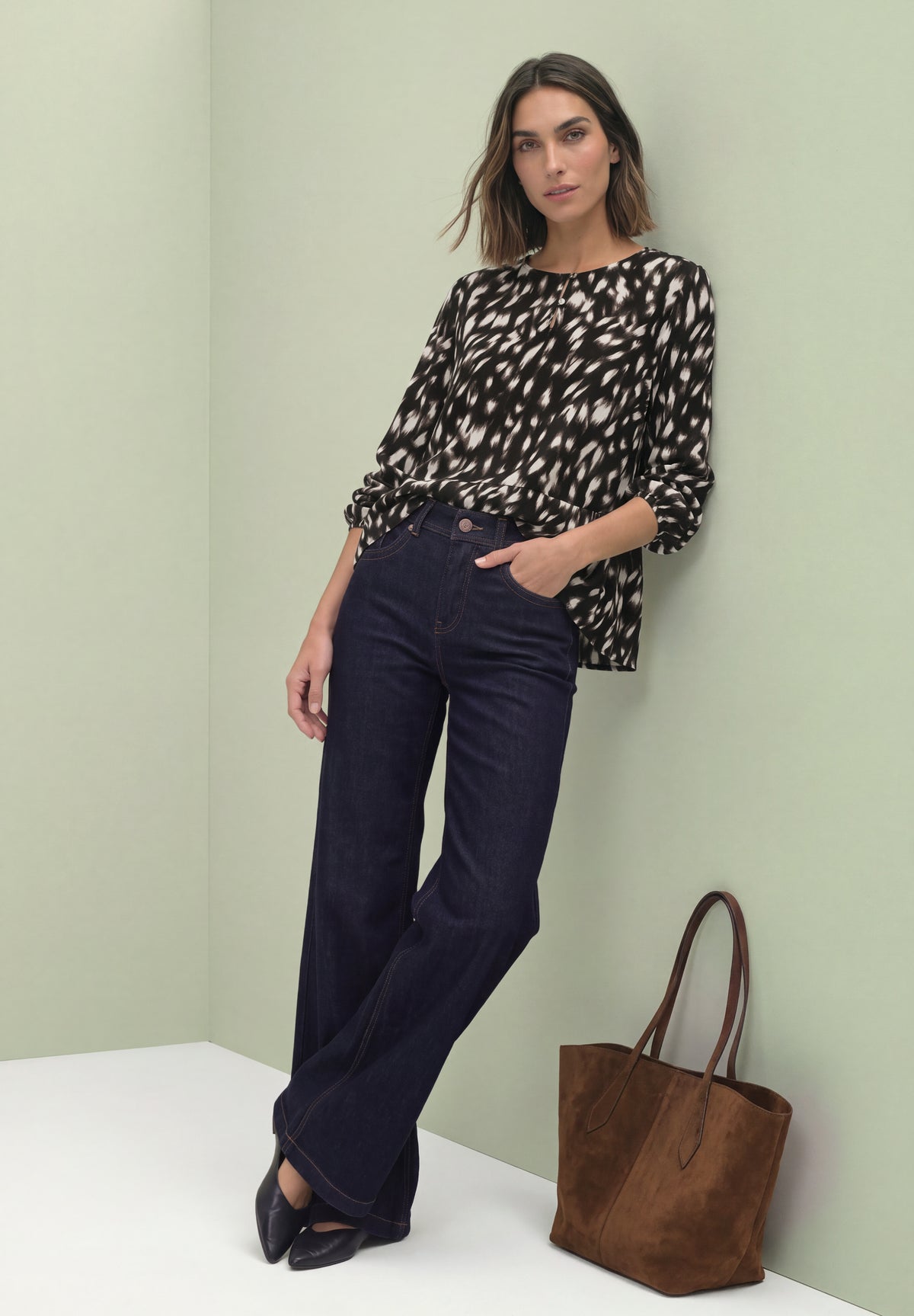 Street One Damen Langarmbluse mit Schößchen und Rehprint - Schwarz Black