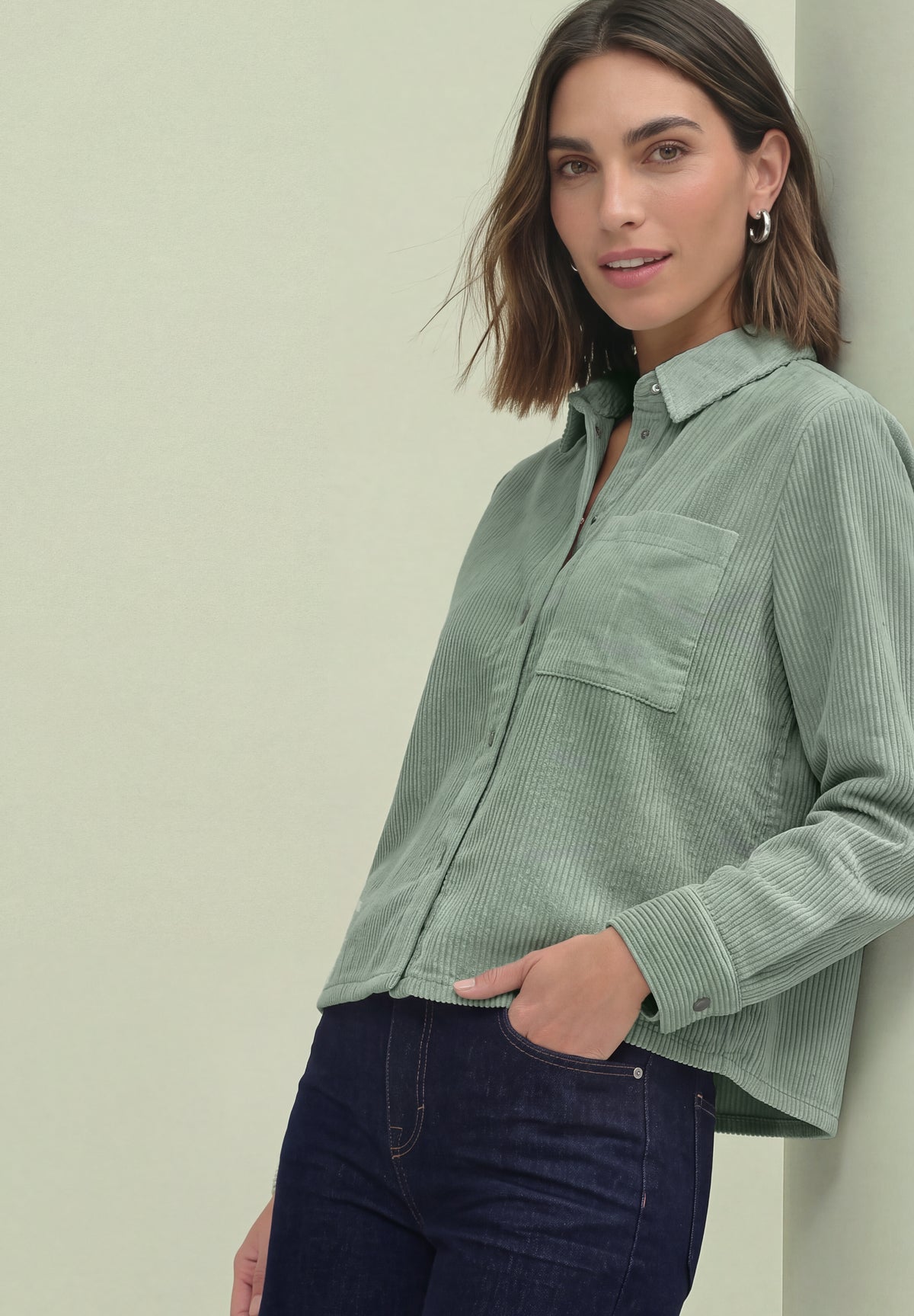 Street One Damen Langarm-Hemdbluse mit Cordmix - Eukalyptusgrün eucalyptus green