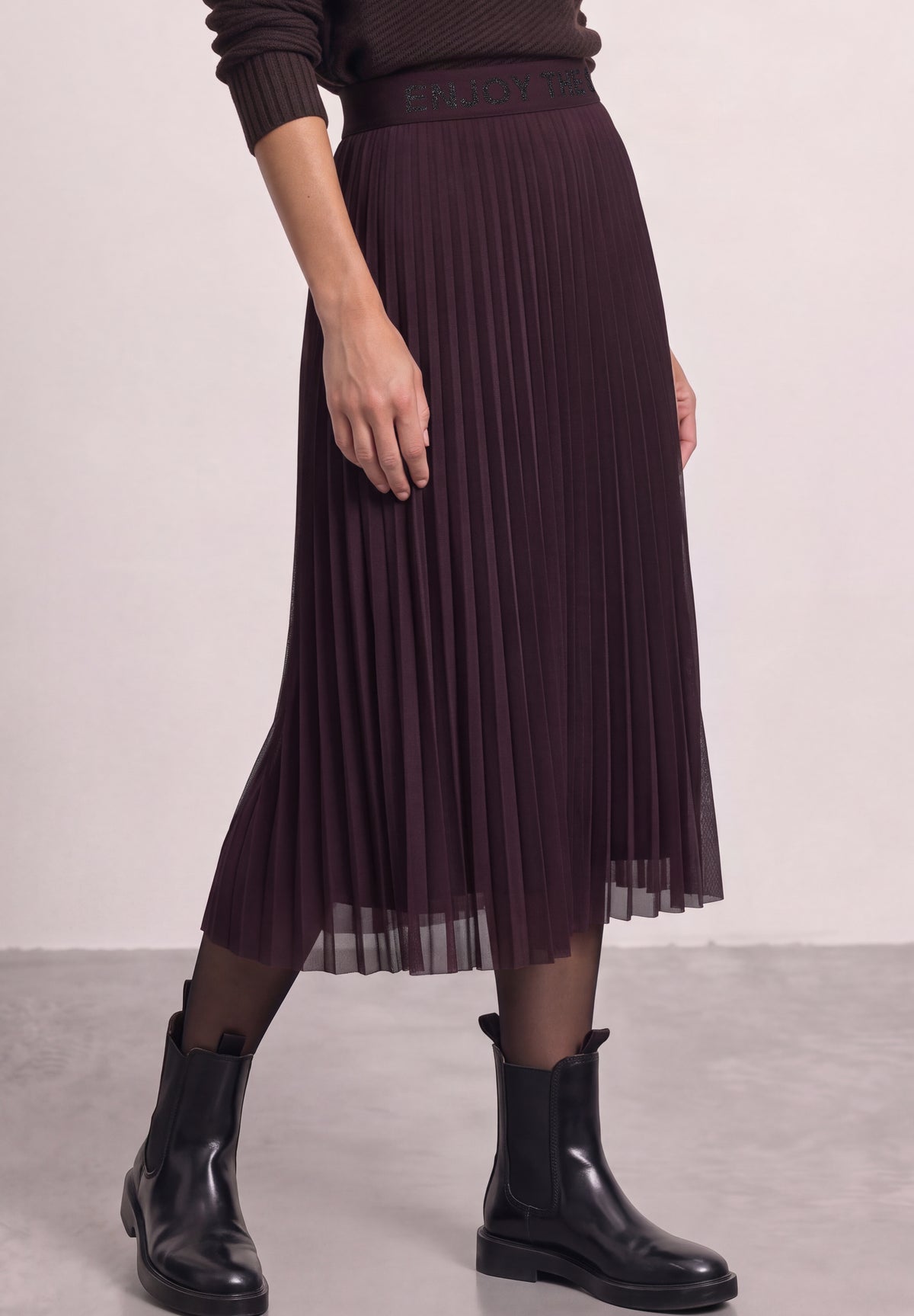 Street One Damen Mesh-Midirock mit Plissée - Pflaume berry plum