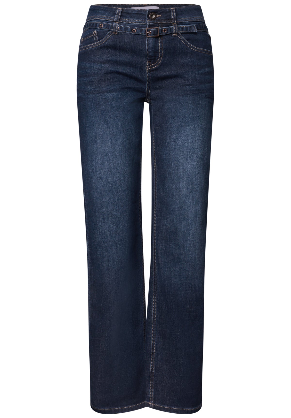 Street One Damen Straight Leg Jeans mit Gürtel - Dunkelblau Deep Blue Washed