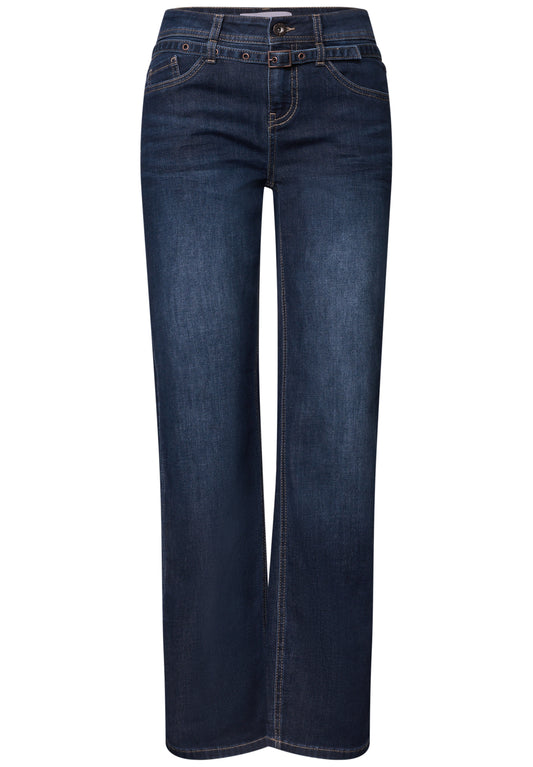 Street One Damen Straight Leg Jeans mit Gürtel - Dunkelblau Deep Blue Washed