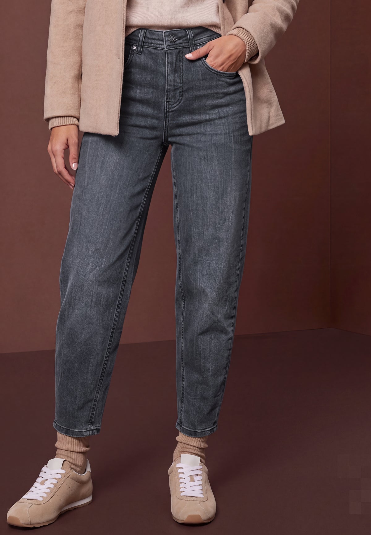 Street One Damen High Waist Barrel Leg Jeans - Stahlgrau gewaschen Steel Grey Washed