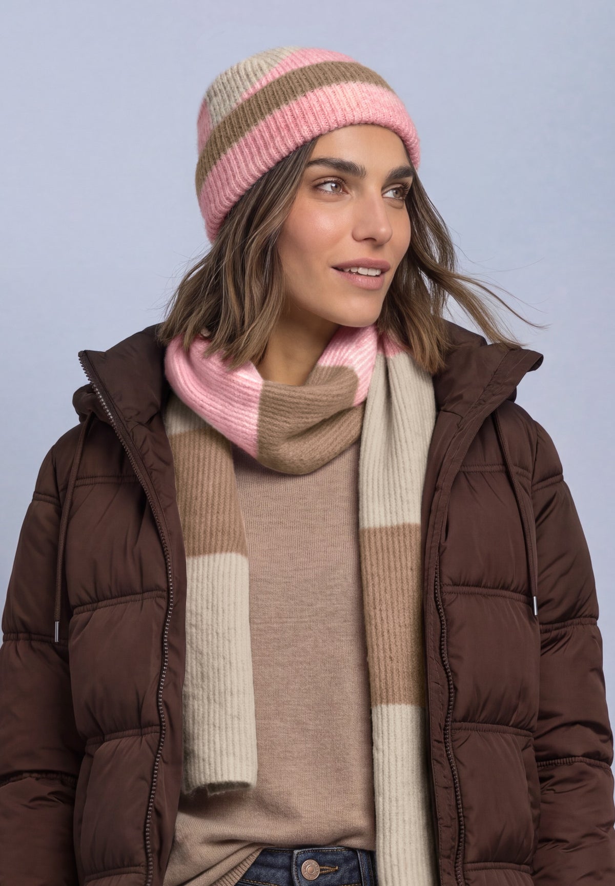 Street One Damen Beanie mit Colorblock-Muster - Rosé meliert warm blush mel.